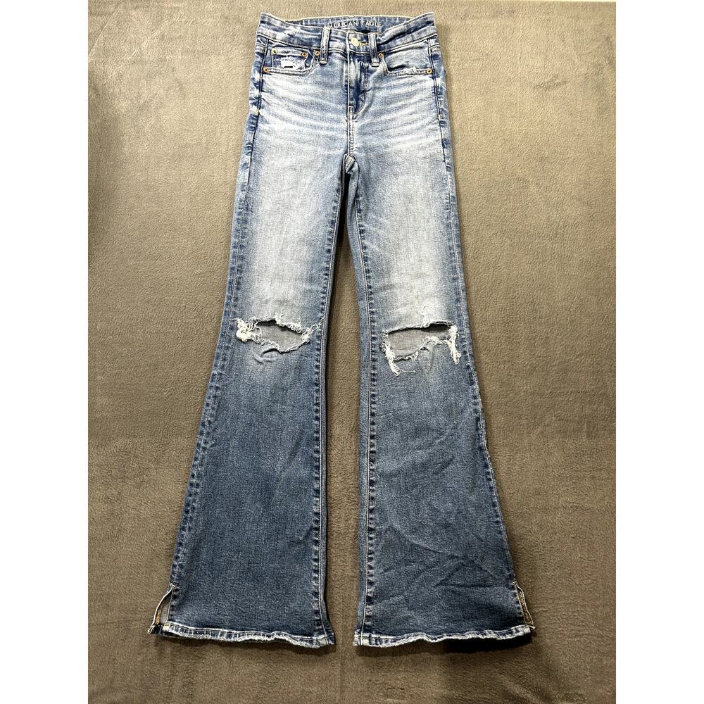 American Eagle Wide Flare Jeans Distressed‎ Stretch Size 00 Women's High Rise